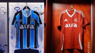 Arte com fotos de Grêmio e Internacional, destacando o patrocínio da Alfa.