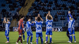 Jogadores do Avaí comemoram vitória sobre o Paysandu na Ressacada, garantindo permanência na Série B.