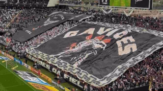 Torcida do Corinthians em jogo na Neo Química Arena, celebrando.