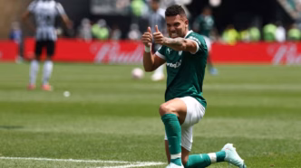 Paulinho comemora gol pelo Palmeiras em partida contra o Botafogo.