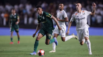 Jogadores do Santos em campo em partida do Brasileirão.