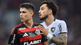 Mosaico da torcida do Botafogo contra o Flamengo com a frase 'tomei de quatro e pedi fair play' no Estádio Nilton Santos.