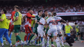 Torcedores em campo durante a partida entre São Paulo e Palmeiras.