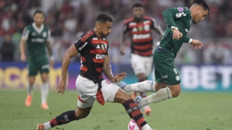 Danilo e Vitor Roque disputam bola em partida do Brasileirão entre Flamengo e Palmeiras, evidenciando a rivalidade na disputa pelo título.
