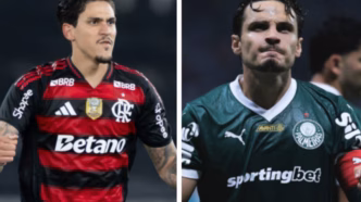 Flamengo e Palmeiras em campo, preparação para o jogo do Brasileirão.