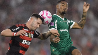 Jogadores de Flamengo e Palmeiras em disputa pela bola no Brasileirão.