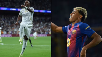 Vini Jr e Lamine Yamal se encaram em campo durante o El Clásico entre Real Madrid e Barcelona.