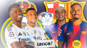 Vinícius Júnior e Kylian Mbappé em destaque no El Clásico entre Real Madrid e Barcelona, com Lamine Yamal e Raphinha também mencionados.