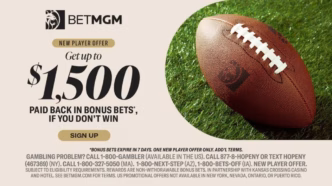 Imagem promocional da BetMGM destacando bônus para NFL e MLB com o código CBSSPORTS.