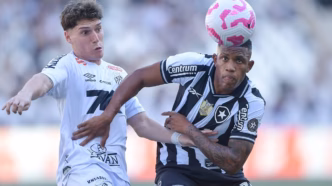 Danilo e Rollheiser disputam bola em partida entre Botafogo e Santos.