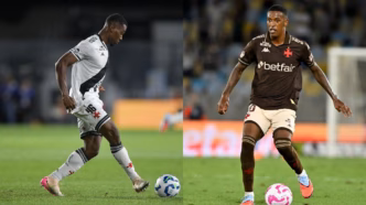 Carlos Cuesta e Robert Renan, dupla de zaga titular do Vasco, comemorando em campo.