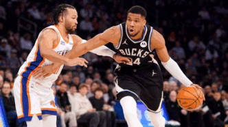 Giannis Antetokounmpo e Jalen Brunson em potencial cenário de troca entre Bucks e Knicks.