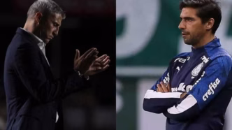 Montagem de Hernán Crespo e Abel Ferreira, técnicos rivais no clássico paulista.