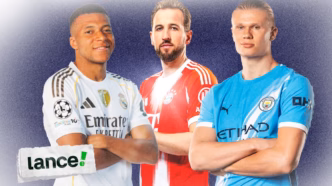 Arte do Lance! com os jogadores Kylian Mbappé, Harry Kane e Erling Haaland, comparando-os como melhores do mundo.