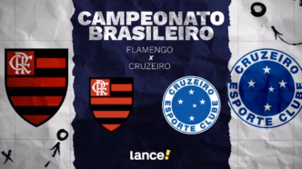 Arte gráfica com os escudos do Flamengo e Cruzeiro e informações sobre a partida do Brasileirão.