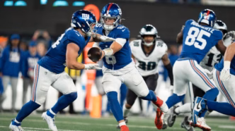 Cam Skattebo e Jaxson Dart em ação pelos New York Giants