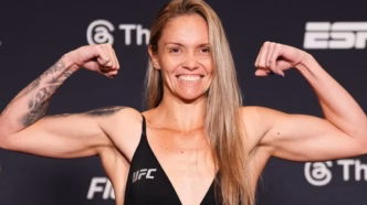 Tainara Lisboa em pesagem para o UFC Vancouver, mostrando determinação antes do combate.