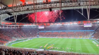 Torcida do Flamengo no Maracanã em jogo da Libertadores, ação de Outubro Rosa.